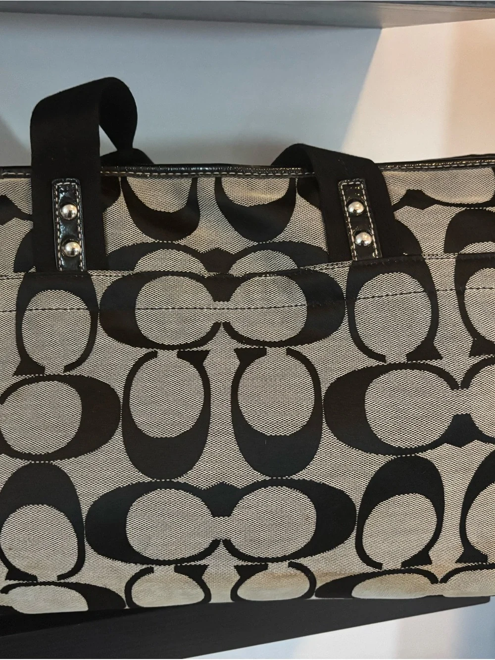 Coach Black and Beige Signature Canvas Tote with Dual Front Zips